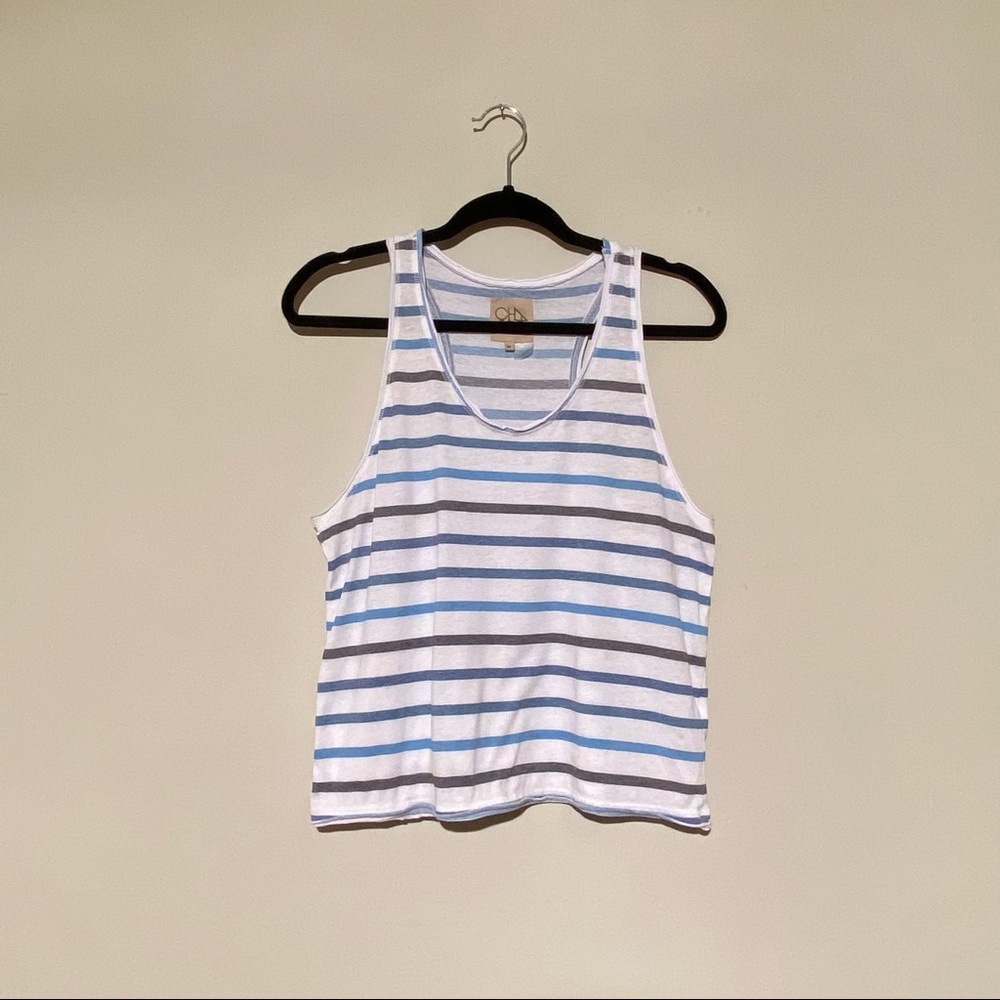 Chaser Striped Blue White Muscle Tee Tank Top Raw Edge Hem Medium Lightweight